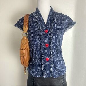 2 Envy Navy Polka Dot Ruffle Blouse with Heart Buttons